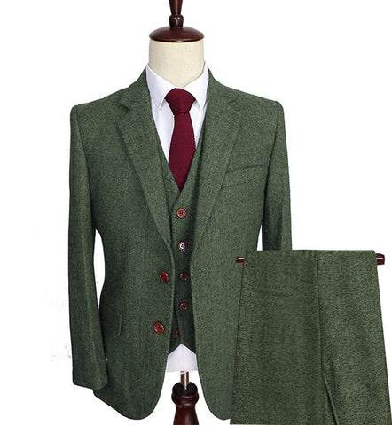 Men's Wool Tweed 3-Piece Lapel Notch Suit