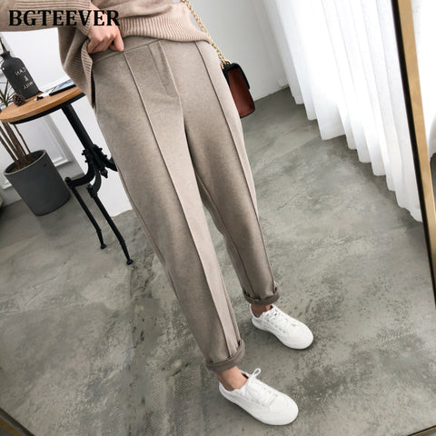 Women's Warm Thicken Elastic Waist Pencil Long Suit Pants