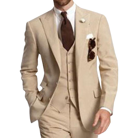 Men's 3-Piece Beige Peaked Lapel 2-Button Custom Made Suit