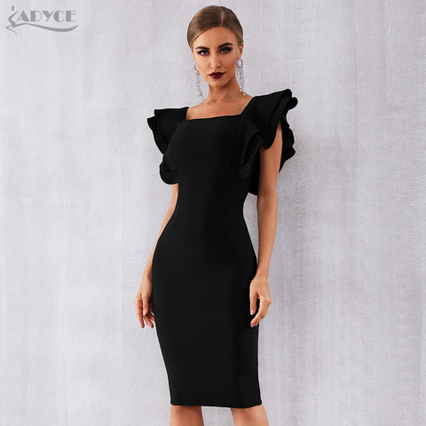 Women's Party Black Vestido Ruffle Butterfly Sleeve Bodycon Dress