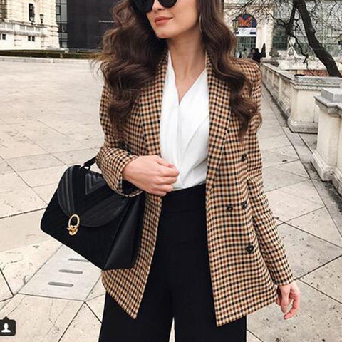 Women's Fashion Plaid Business Work Slim Double Breasted Blazer