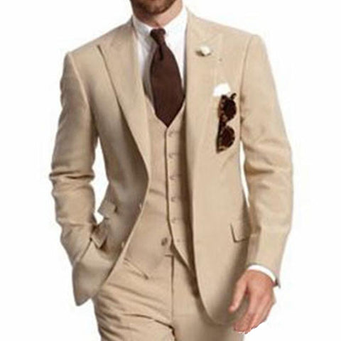Mens Beige 3 Piece Two Button Peaked Lapel Business Suit