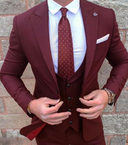 Men's Burgundy 3 Piece Formal Business Suit