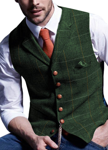 Men's Plaid Wool Herringbone Tweed Notched Business Casual Formal Vest